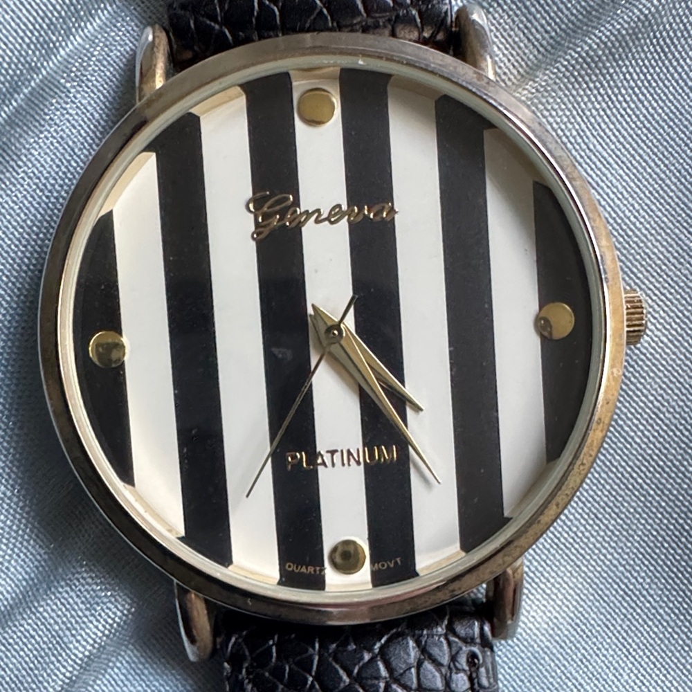 Geneva Black and White Striped Dial Watch with Gold Accents